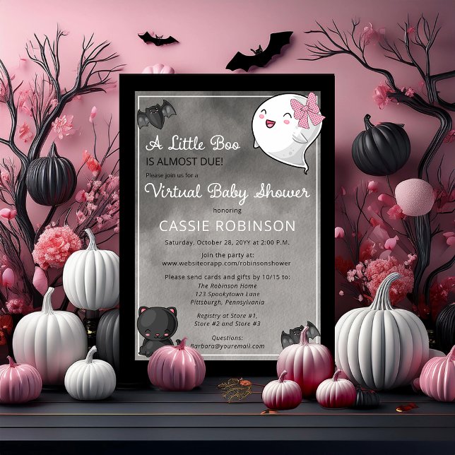 A Little Boo Ghost Girl Virtual Baby Shower Invita Invitation (Cute "A Little Boo" "Virtual Baby Shower" Girl Coquette Ghost Kawaii Baby Shower Invitation)