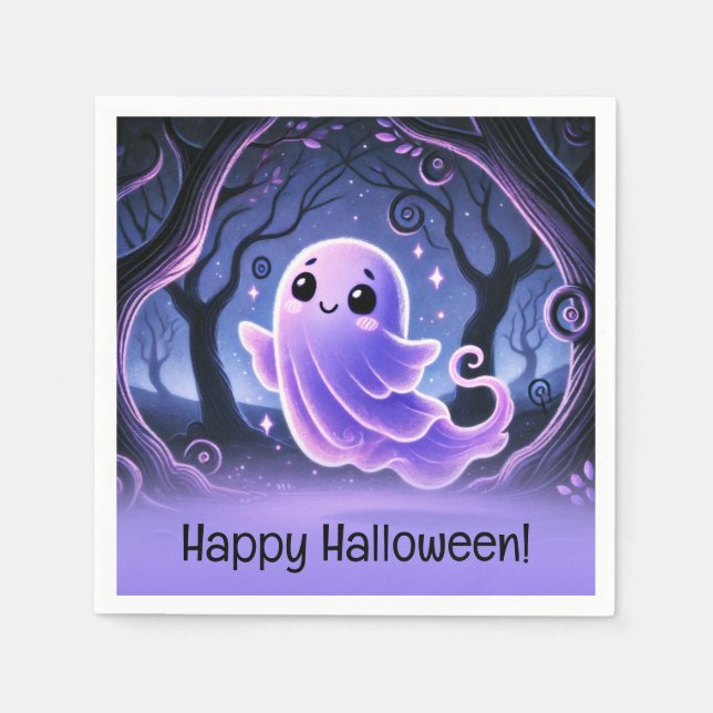 A Little Boo Ghost Purple Halloween Birthday Party Napkin (Front)