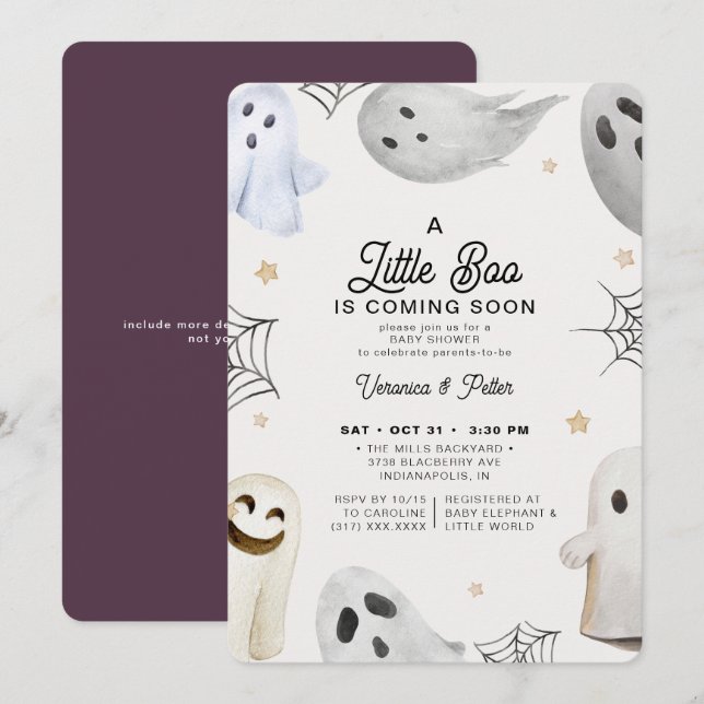 A Little Boo Girl Purple Halloween Baby Shower Invitation (Front/Back)