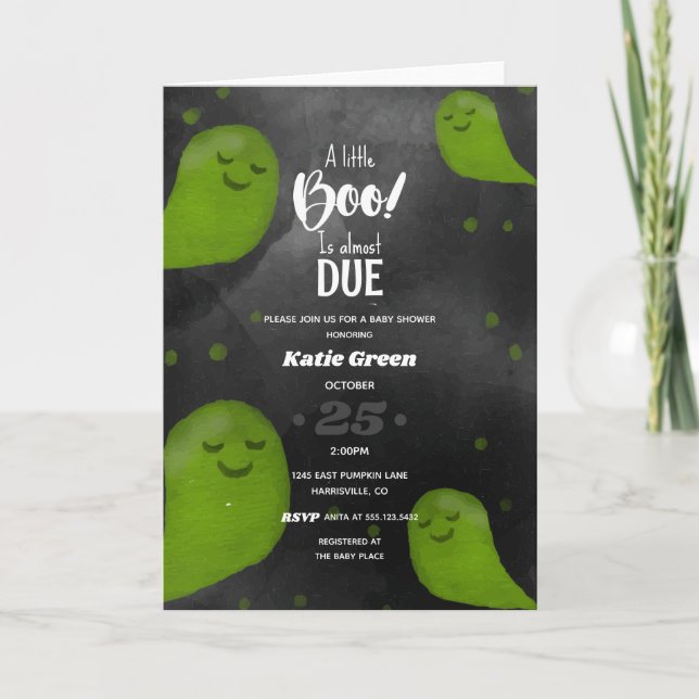 A Little Boo Green Happy Halloween Baby Shower Card (Front)