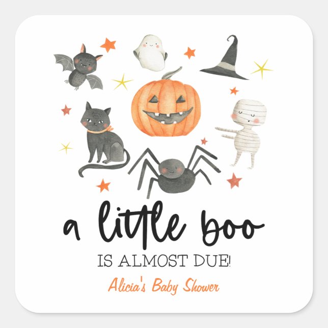 A Little Boo Is Almost Due! Baby Shower Halloween Square Sticker (Front)