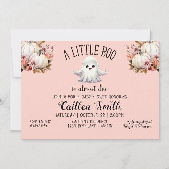 A Little Boo Is Almost Due Baby Shower Pink Ghost Invitation (Front)