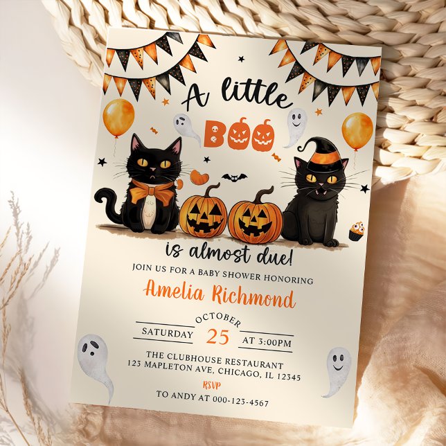 A Little Boo Is Almost Due Black Cat Halloween Invitation (Creator Uploaded)