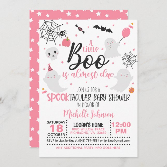 A Little Boo is Almost Due - Girl (Wh/Pink) Invitation (Front/Back)