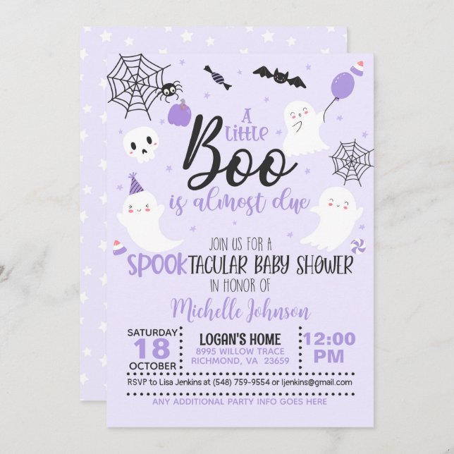 A Little Boo is Almost Due - Girl (Wh/Purple) Invitation (Front/Back)