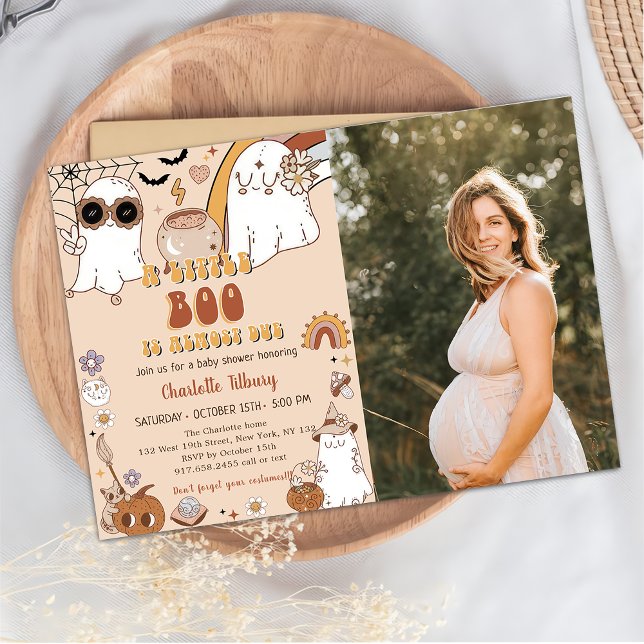  A Little Boo Is Almost Due Groovy Halloween Party Invitation (Creator Uploaded)