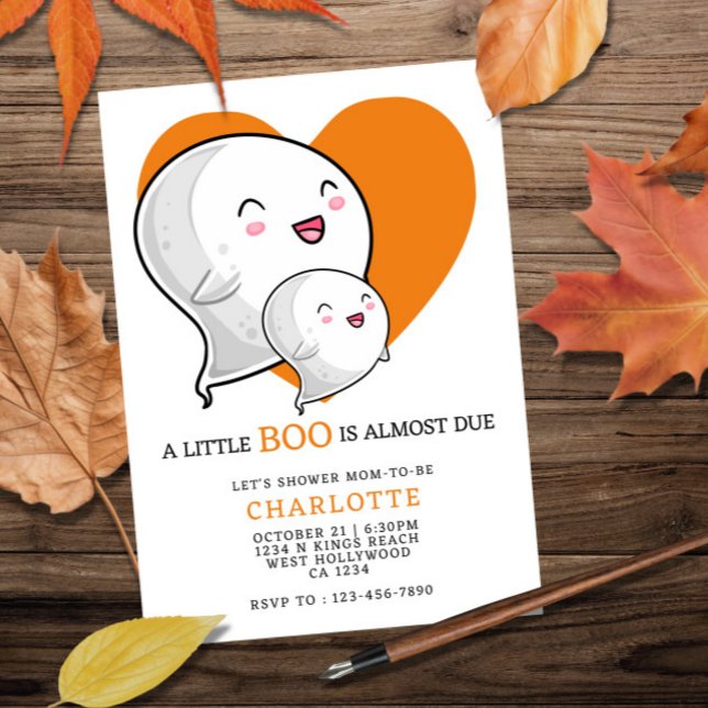 A Little Boo is Almost Due Halloween Baby Shower Invitation (A Little Boo is Almost Due Halloween Baby Shower Invitation from Ricaso. Orange love heart & ghost)