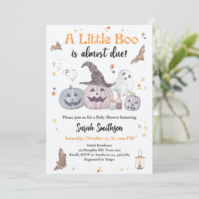 A Little Boo Is Almost Due Halloween Baby Shower Invitation (Standing Front)