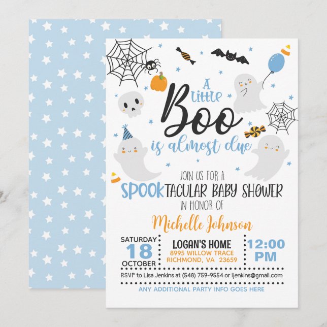 A Little Boo is Almost Due Invitation - Blue/Wh (Front/Back)