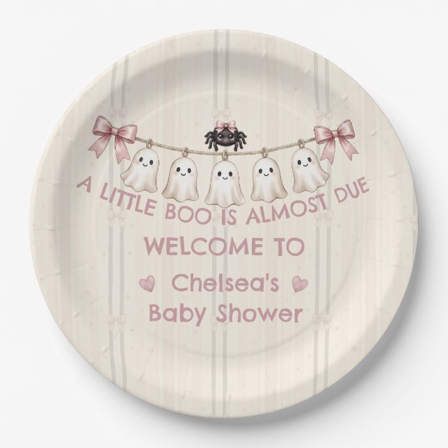 A Little Boo Is Almost Due Pink Bow Ghost  Paper Plate (Front)