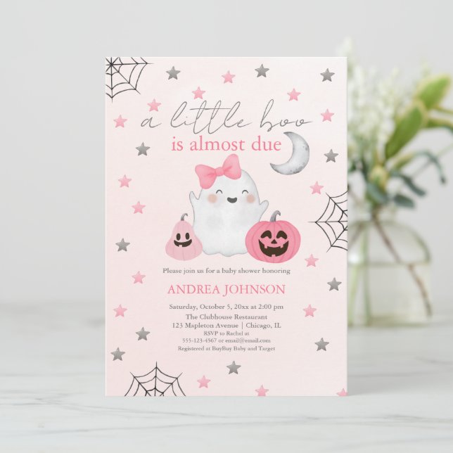 A Little Boo Is Almost Due Pink Girl Baby Shower Invitation (Standing Front)