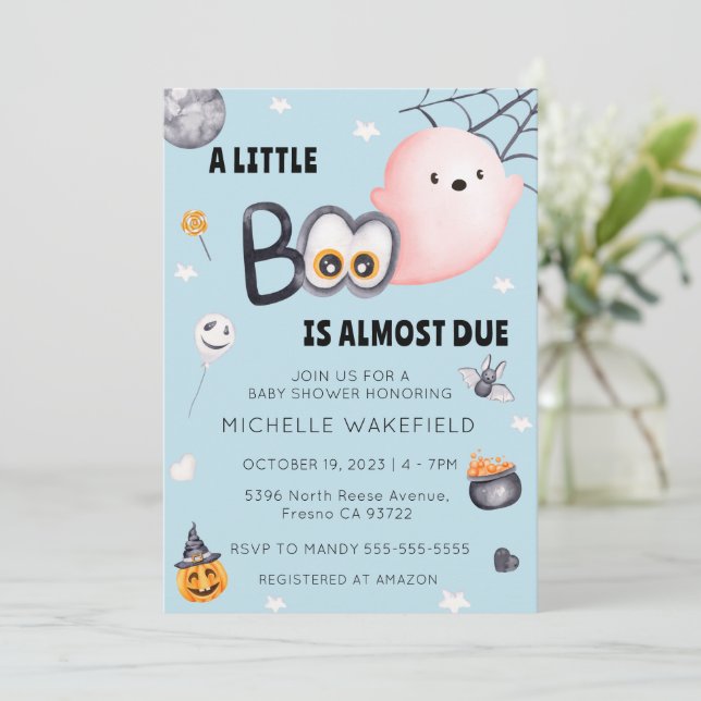 A Little Boo Is Due Boy Halloween Baby Shower Invitation (Standing Front)