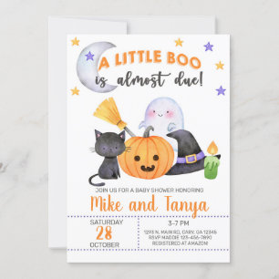 A little boo is due Halloween baby shower invite.  Invitation