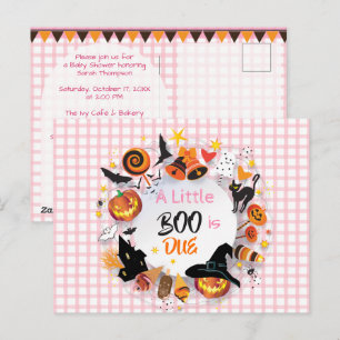 A Little Boo is Due Pink Gingham QR Baby Shower Postcard