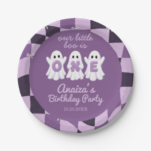 A Little Boo Is One Purple Chequered 1st Birthday Paper Plate