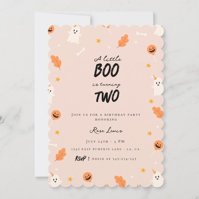 A little boo is turning two birthday invitation (Front)