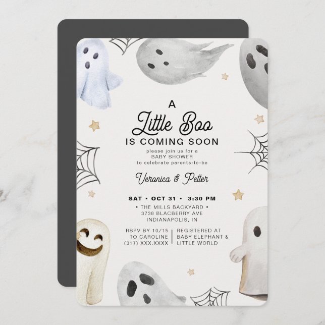 A Little Boo Neutral Grey Halloween Baby Shower Invitation (Front/Back)