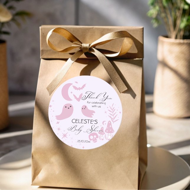 A little boo pink Halloween baby shower favour Classic Round Sticker (A little boo cute pastel pink Halloween baby shower thank you favor Stickers template)