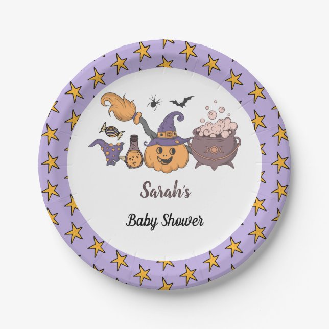 A Little Boo Purple Halloween Baby Shower Paper Plate (Front)