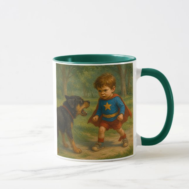A little boy dressed up in front of a bad dog. mug (Right)