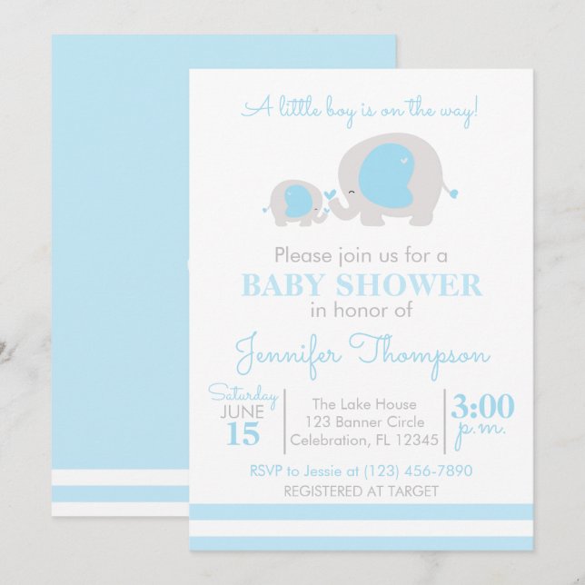 A Little Boy is on the Way – Blue & White Elephant Invitation (Front/Back)