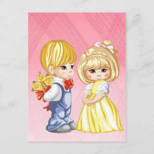A little boy surprising a little girl with roses postcard