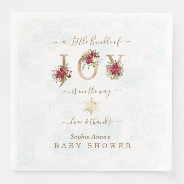 A Little Bundle Of Joy Poinsettia Gold Baby Shower Napkin (Front)