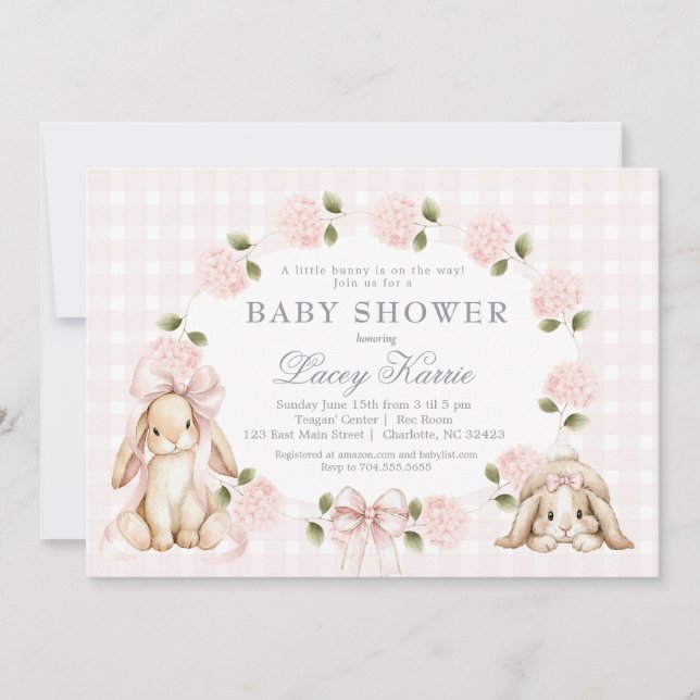 A little bunny is on the way, bunny baby shower invitation (Front)