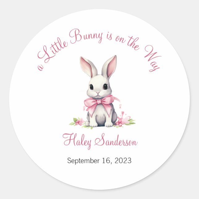 A Little Bunny is on the Way Label, Baby Classic  Round Sticker (Front)