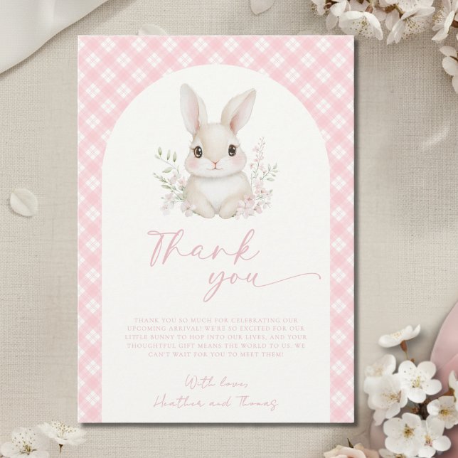 A Little Bunny Pink Gingham Baby Shower Thank You Card (Creator Uploaded)