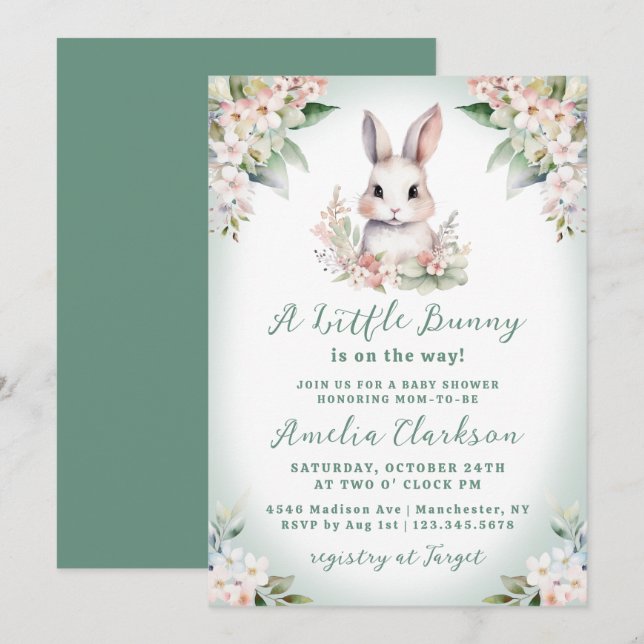A Little Bunny Soft Green & Floral Baby Shower Invitation (Front/Back)