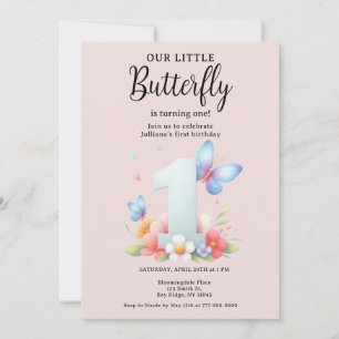 A Little Butterfly 1st Birthday Cute Number Font  Invitation