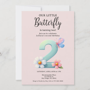 A Little Butterfly 2nd Birthday Cute Number Font Invitation