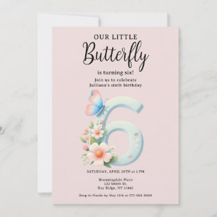 A Little Butterfly 6th Birthday Cute Number Font Invitation