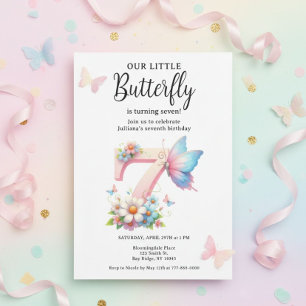 A Little Butterfly 7th Birthday Cute Number Font  Invitation