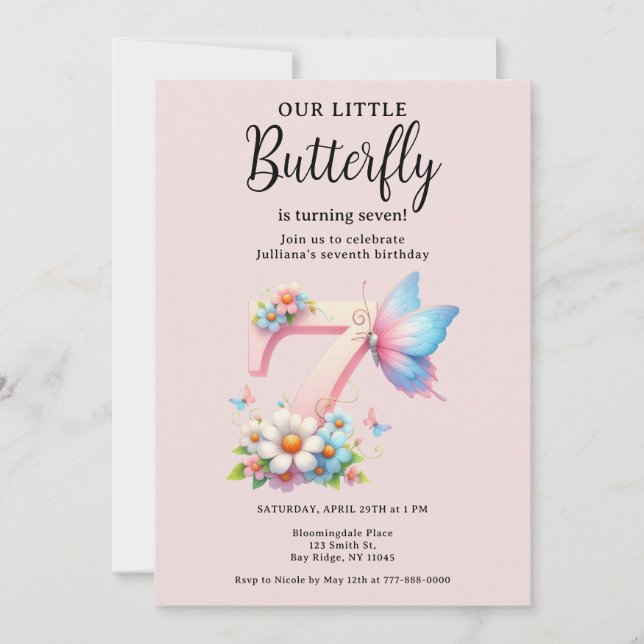 A Little Butterfly 7th Birthday Cute Number Font  Invitation (Front)