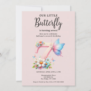 A Little Butterfly 7th Birthday Cute Number Font  Invitation