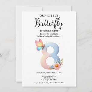 A Little Butterfly 8th Birthday Cute Number Font Invitation