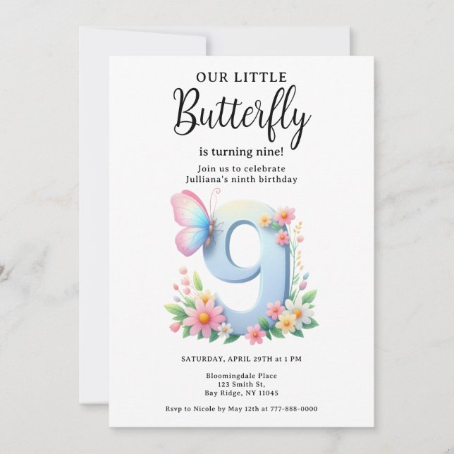 A Little Butterfly 9th Birthday Cute Number Font  Invitation (Front)