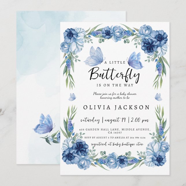 A Little Butterfly Blue Floral Rustic Baby Shower Invitation (Front/Back)