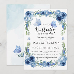 A Little Butterfly Blue Floral Rustic Baby Shower Invitation