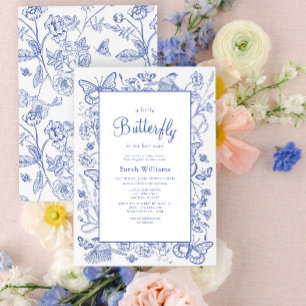 A Little Butterfly Blue & White Floral Baby Shower Invitation