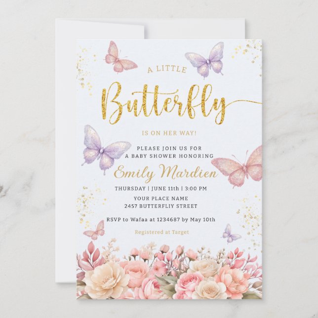 A Little Butterfly Boho floral girl baby shower  I Invitation (Front)
