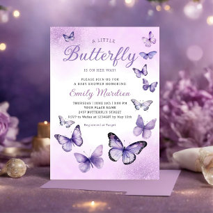 A Little Butterfly Boho purple Girl Baby Shower Invitation