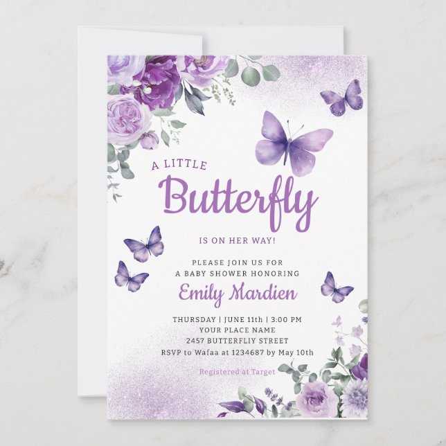 A Little Butterfly Boho purple Girl Baby Shower  Invitation (Front)