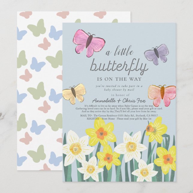 A Little Butterfly Daffodil Baby Shower by Mail Invitation (Front/Back)