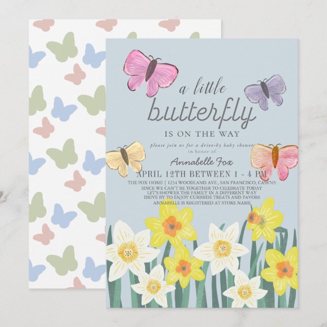 A Little Butterfly Daffodil Drive-by Baby Shower Invitation (Front/Back)