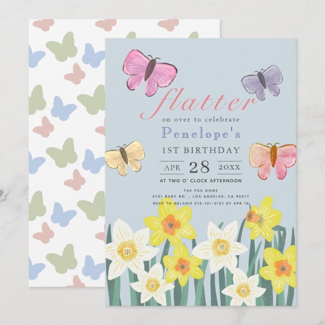 A Little Butterfly Daffodil Girl 1st Birthday Invitation (Front/Back)