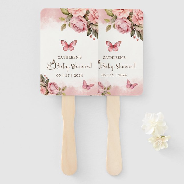 A Little Butterfly Floral Baby Shower Hand Fan (Front and Back)
