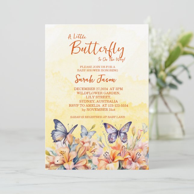 A little butterfly Floral whimsical Baby Shower Invitation (Standing Front)